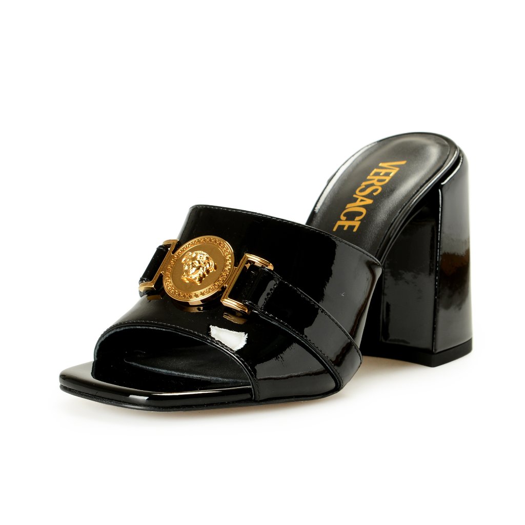 Versace Women's Black Patent Leather Gold Medusa Mules Sandals Shoes Us 8 It 38